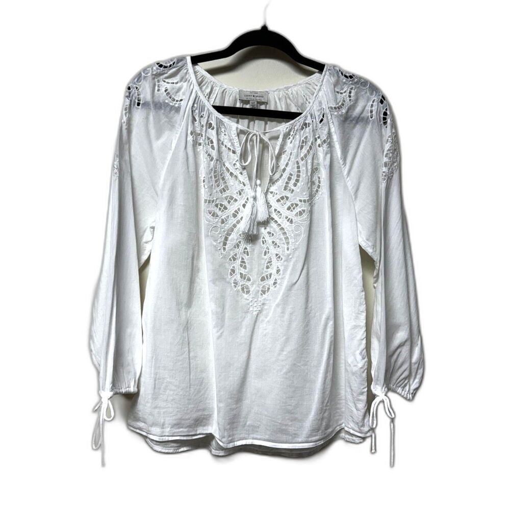 LUCKY BRAND Boho White Peasant Blouse, Lace Embroidery, Tassel Tie, Sz S